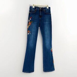 Women's Blue Jeans Floral Embroidery Stretch Flare